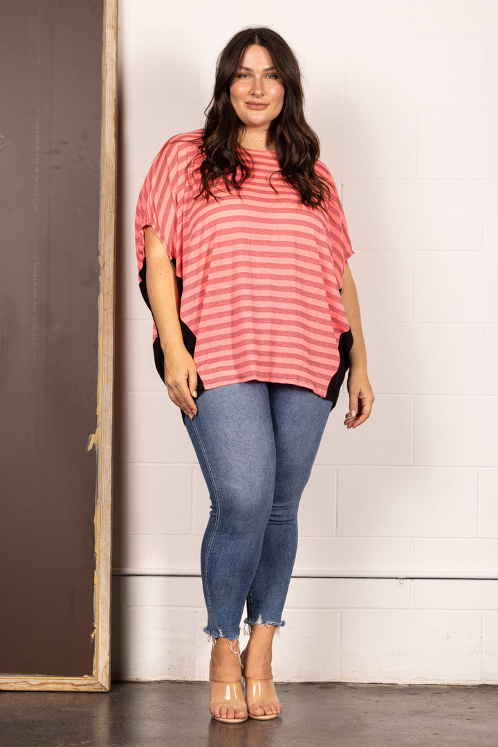 PINK STRIPE DOLMAN SLEEVES PLUS SIZE KNIT TOP T6702