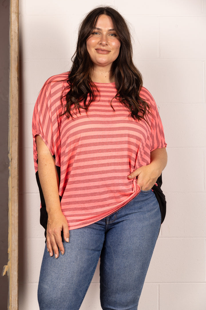 PINK STRIPE DOLMAN SLEEVES PLUS SIZE KNIT TOP T6702