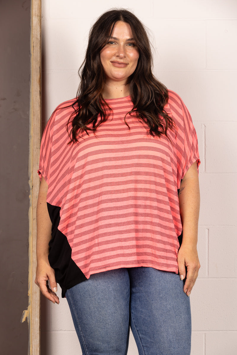 T6702-Wholesale PINK STRIPE DOLMAN SLEEVES PLUS SIZE KNIT TOP