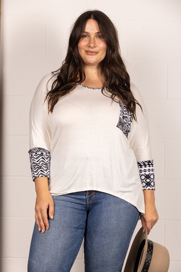 CT43041-Wholesale WHITE AZTEC PRINT 3/4 SLEEVES PLUS SIZE TOP