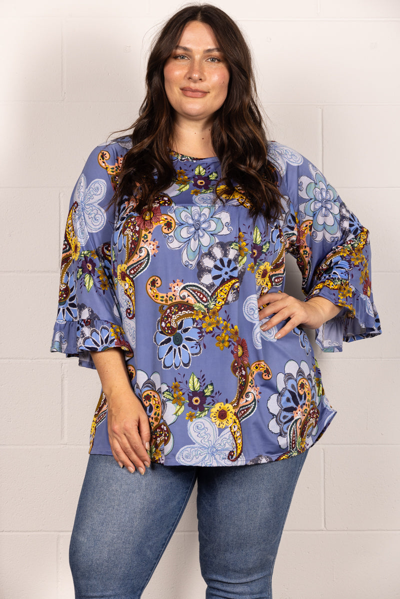 TP2017-Wholesale BLUE PAISLEY PRINT RAGLAN 3/4 SLEEVES PLUS SIZE TOP