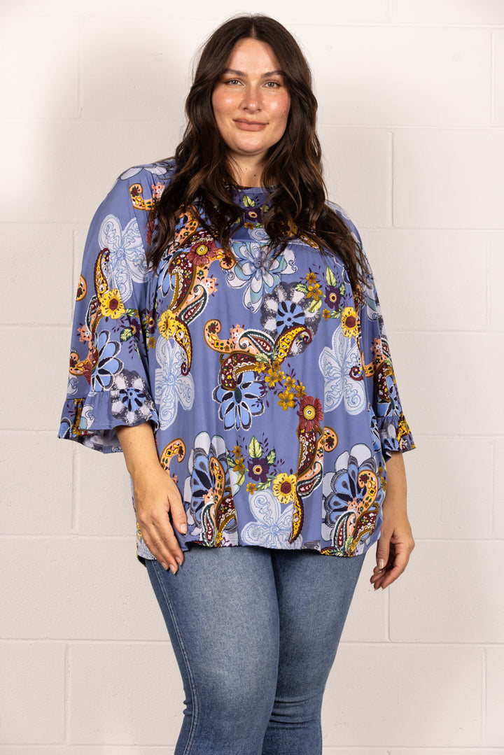 BLUE PAISLEY PRINT RAGLAN 3/4 SLEEVES PLUS SIZE TOP TP2017