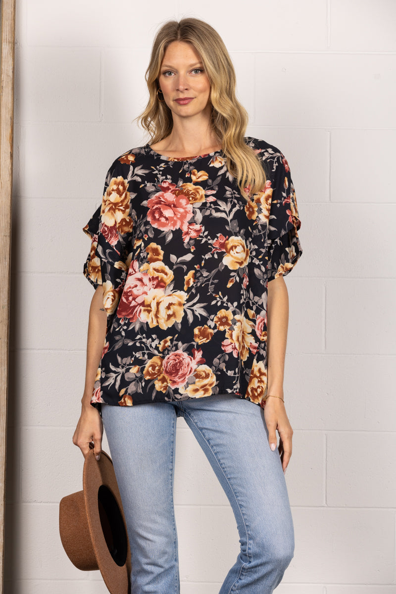 BLACK CHIFFON FLORAL PRINT LAYERED SLEEVES TOP T1961-5