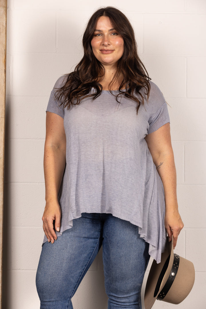 DENIM OVERSIZE ASYMMETRIC HEM TUNIC PLUS SIZE KNIT TOP PTL11719SA