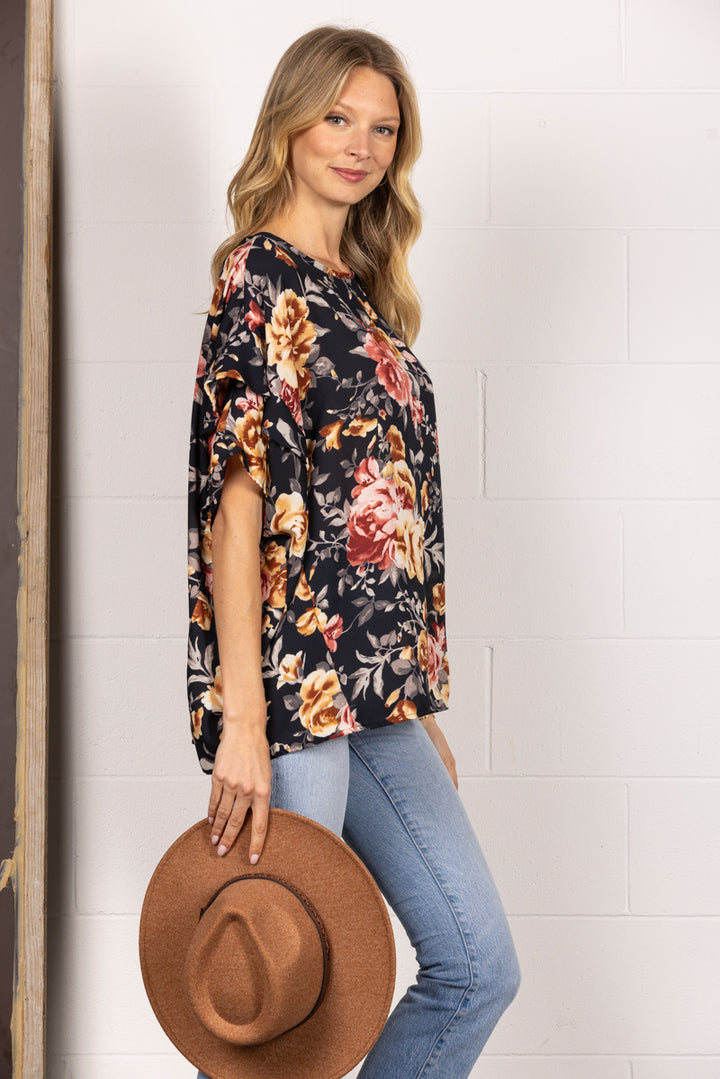 BLACK CHIFFON FLORAL PRINT LAYERED SLEEVES TOP T1961-5