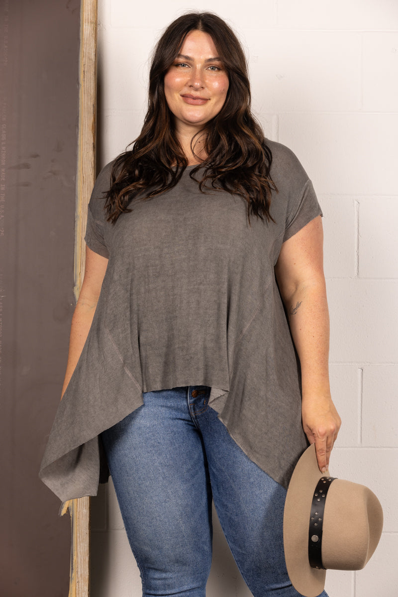 CHARCOAL OVERSIZE ASYMMETRIC HEM TUNIC PLUS SIZE KNIT TOP PTL11719SA