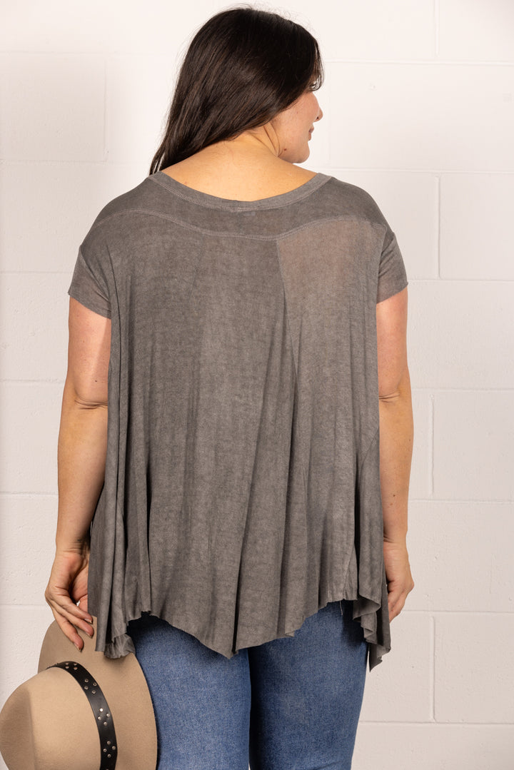 CHARCOAL OVERSIZE ASYMMETRIC HEM TUNIC PLUS SIZE KNIT TOP PTL11719SA