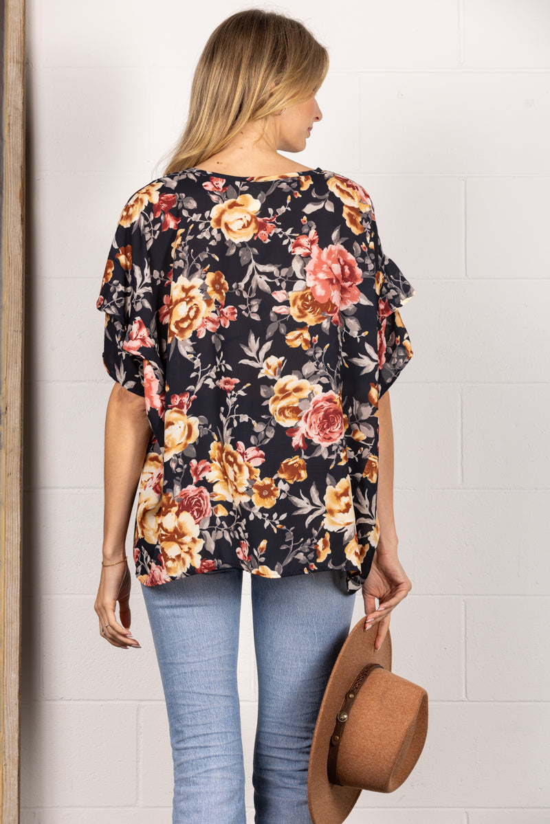 BLACK CHIFFON FLORAL PRINT LAYERED SLEEVES TOP T1961-5