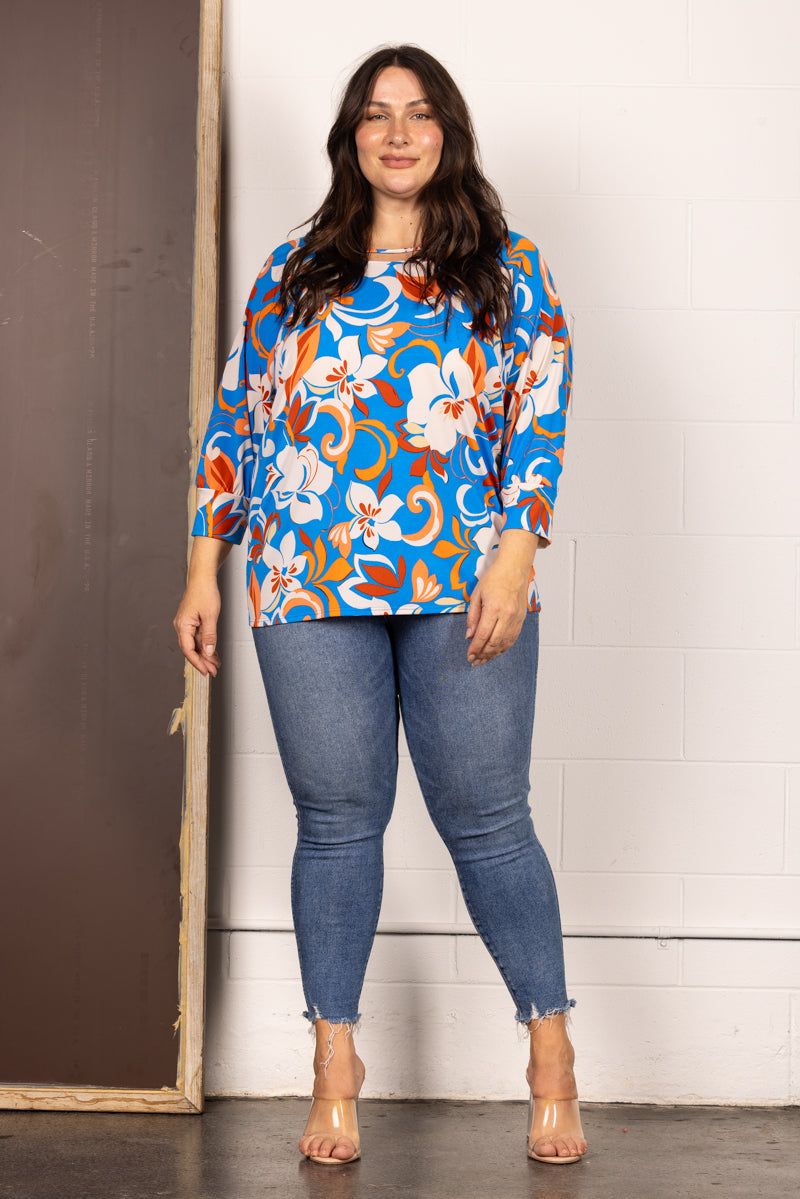 TP2032-Wholesale ROYAL FLORAL PRINT RAGLAN 3/4 CUFF SLEEVES PLUS SIZE TOP