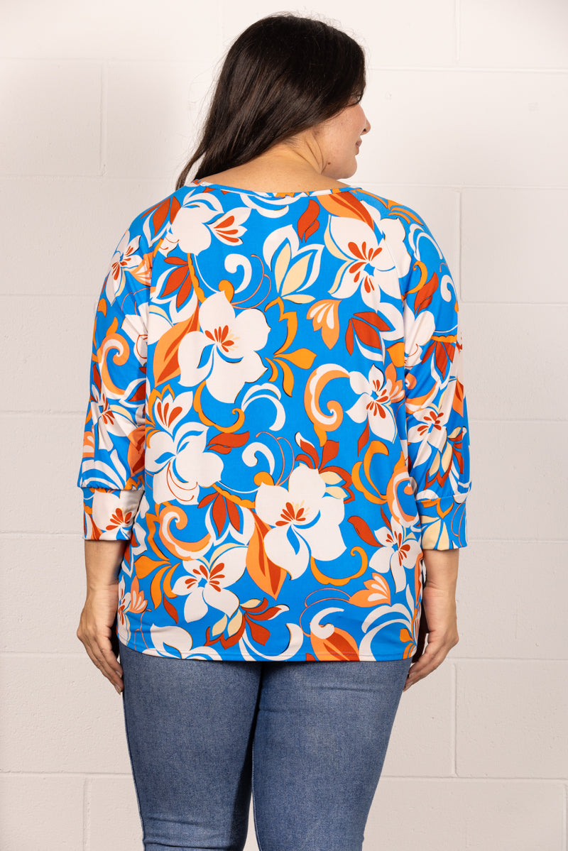 ROYAL FLORAL PRINT RAGLAN 3/4 CUFF SLEEVES PLUS SIZE TOP TP2032