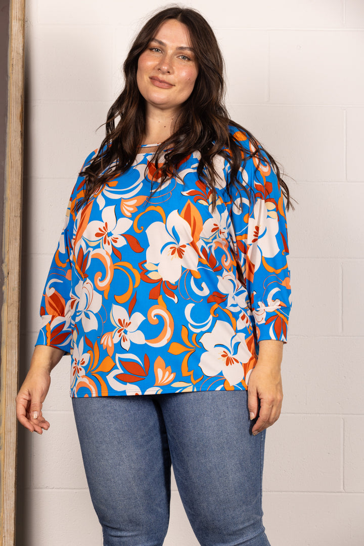 ROYAL FLORAL PRINT RAGLAN 3/4 CUFF SLEEVES PLUS SIZE TOP TP2032