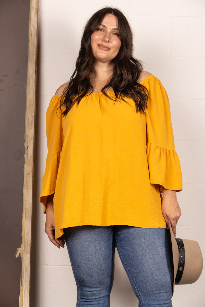 MUSTARD SQUARE NECK 3/4 BELL SLEEVES PLUS SIZE TOP T2001-3