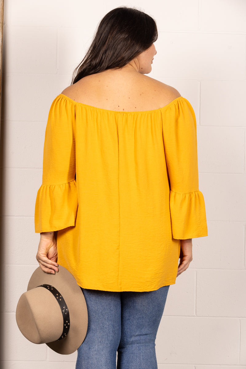 MUSTARD SQUARE NECK 3/4 BELL SLEEVES PLUS SIZE TOP T2001-3