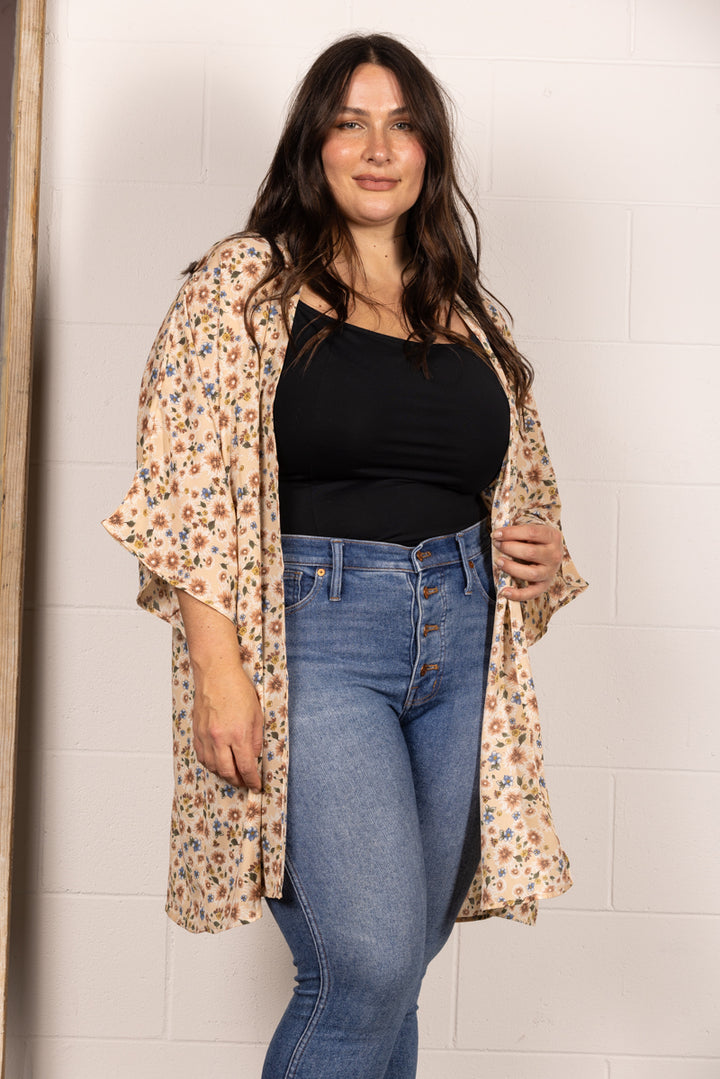 TAUPE SPRING FLORAL OPEN FRONT PLUS SIZE CARDIGAN J7004