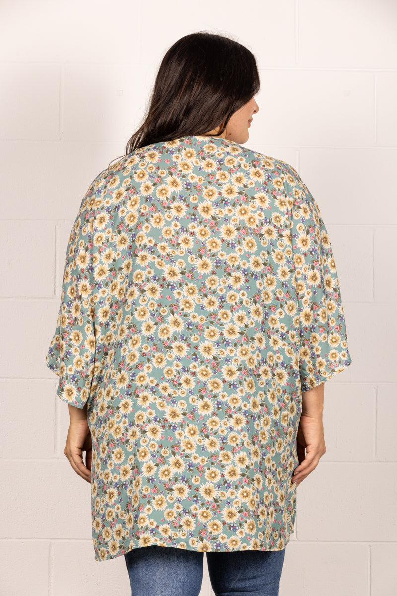 SAGE SPRING FLORAL OPEN FRONT PLUS SIZE CARDIGAN J7004