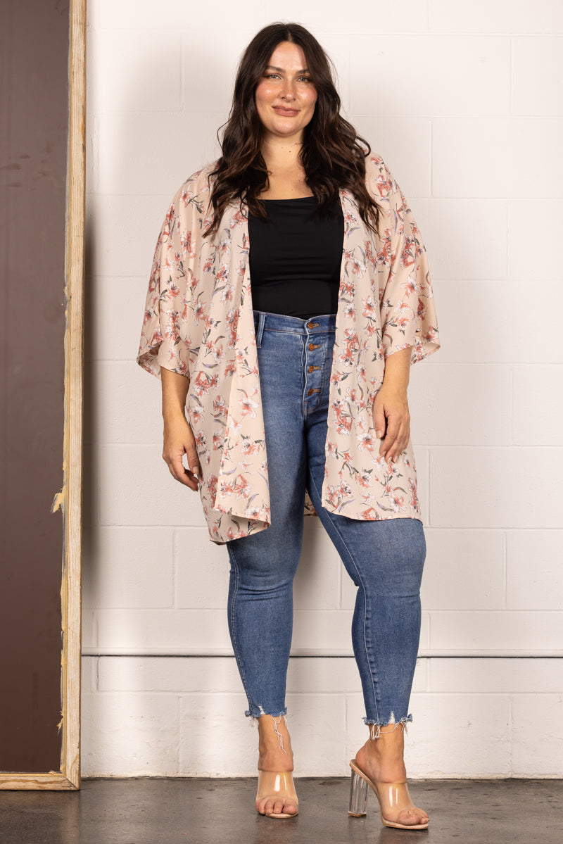 J7004-Wholesale TAN SPRING FLORAL OPEN FRONT PLUS SIZE CARDIGAN