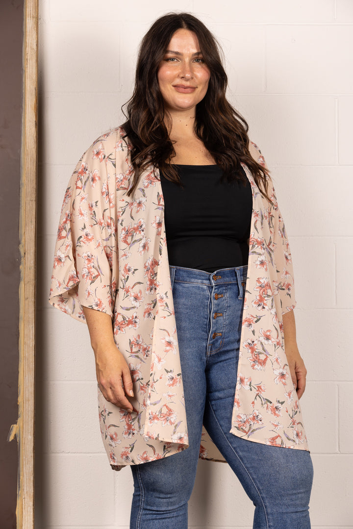 TAN SPRING FLORAL OPEN FRONT PLUS SIZE CARDIGAN J7004