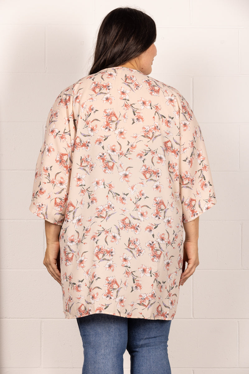 TAN SPRING FLORAL OPEN FRONT PLUS SIZE CARDIGAN J7004