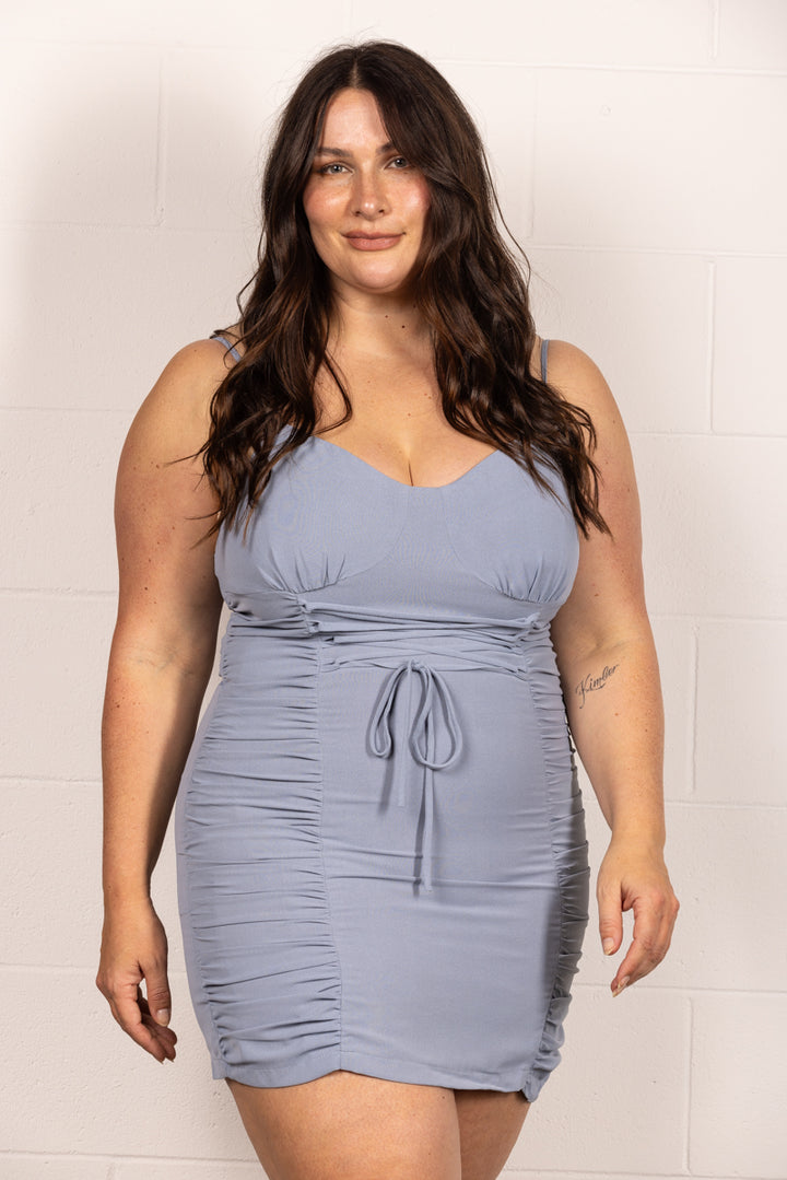 GRAY RUCHED SPAGHETTI STRAP PLUS SIZE MINI DRESS D3659SX