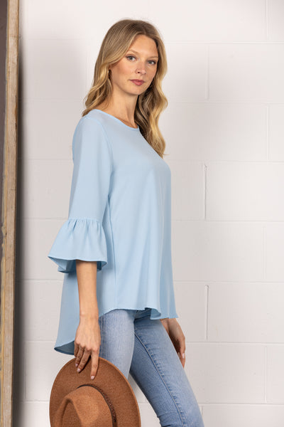 BLUE ROUND NECK RUFFLED BELL 3/4 SLEEVES TOP TY2305A