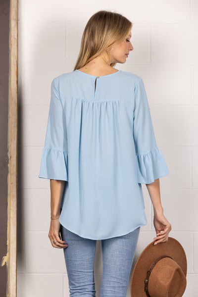 BLUE ROUND NECK RUFFLED BELL 3/4 SLEEVES TOP TY2305A