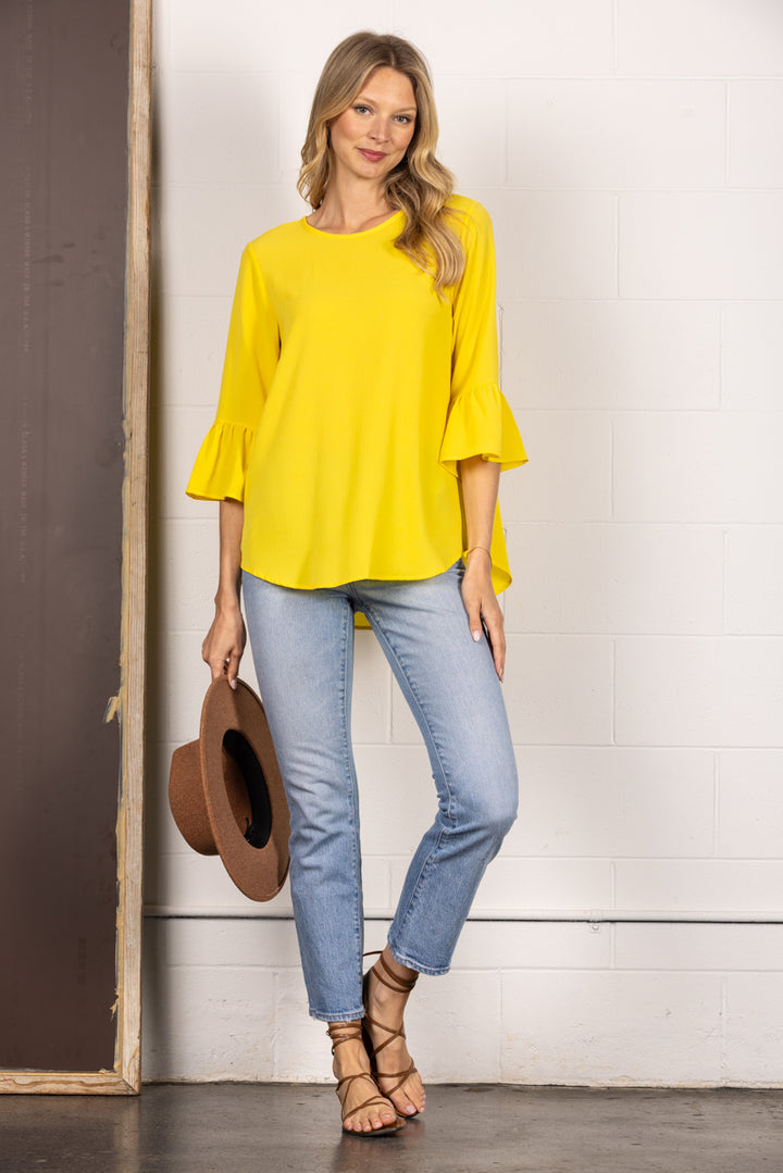 YELLOW ROUND NECK RUFFLED BELL 3/4 SLEEVES TOP TY2305A