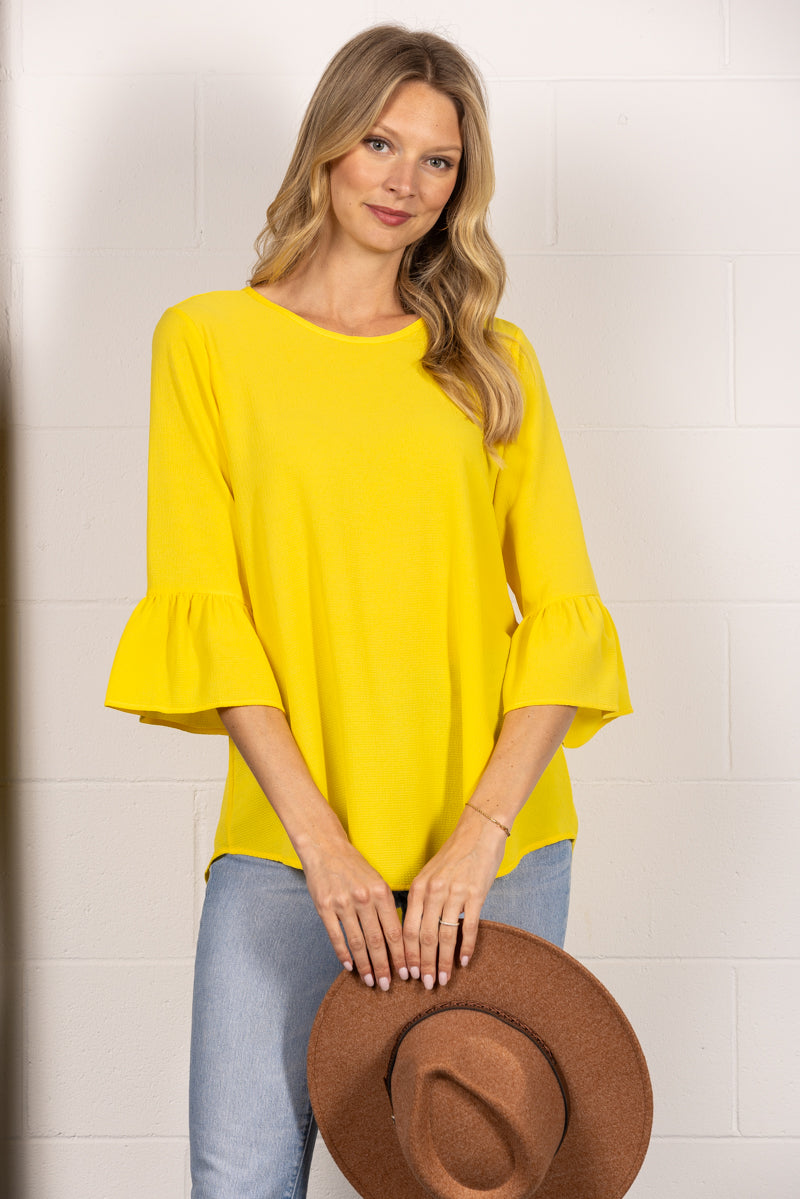 YELLOW ROUND NECK RUFFLED BELL 3/4 SLEEVES TOP TY2305A