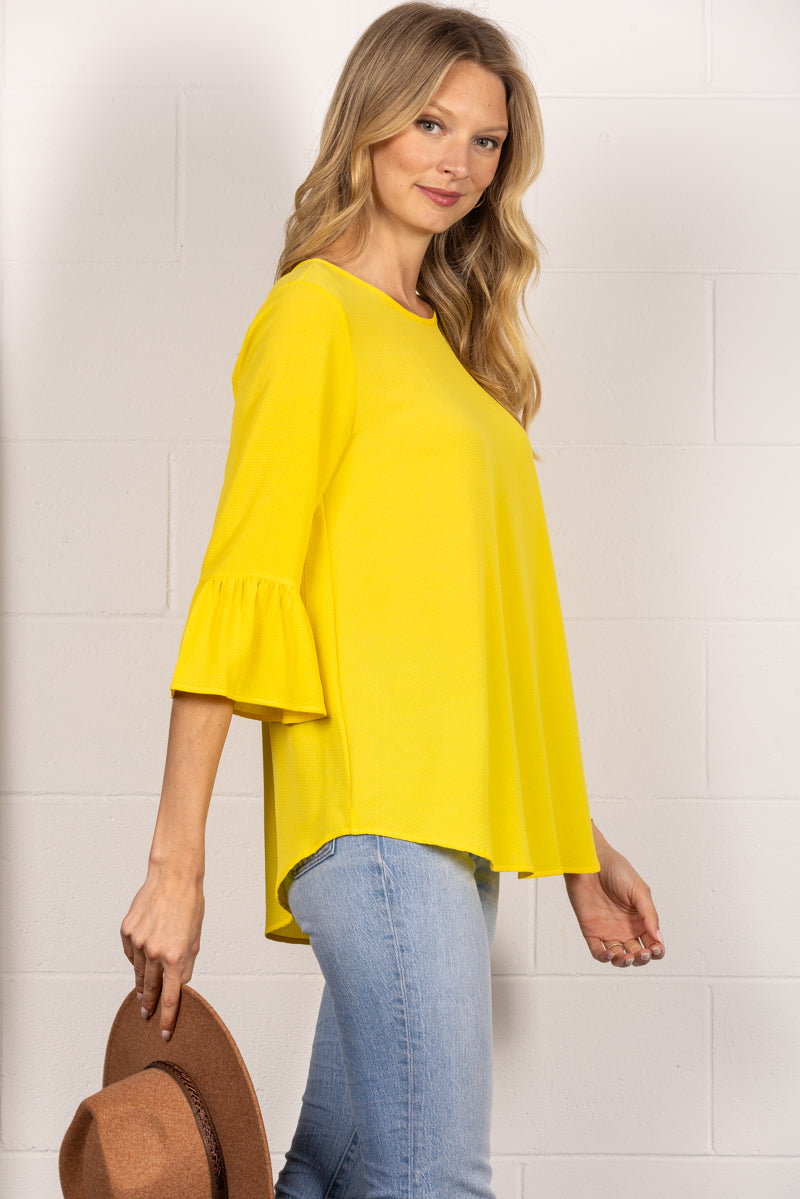 YELLOW ROUND NECK RUFFLED BELL 3/4 SLEEVES TOP TY2305A