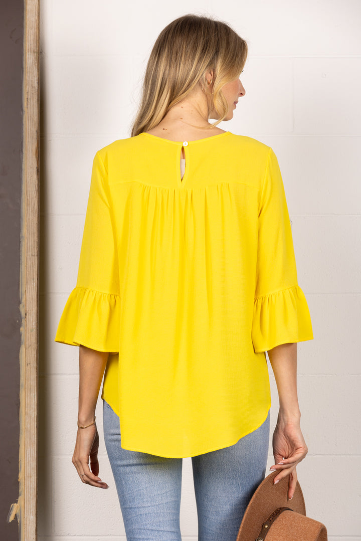 YELLOW ROUND NECK RUFFLED BELL 3/4 SLEEVES TOP TY2305A