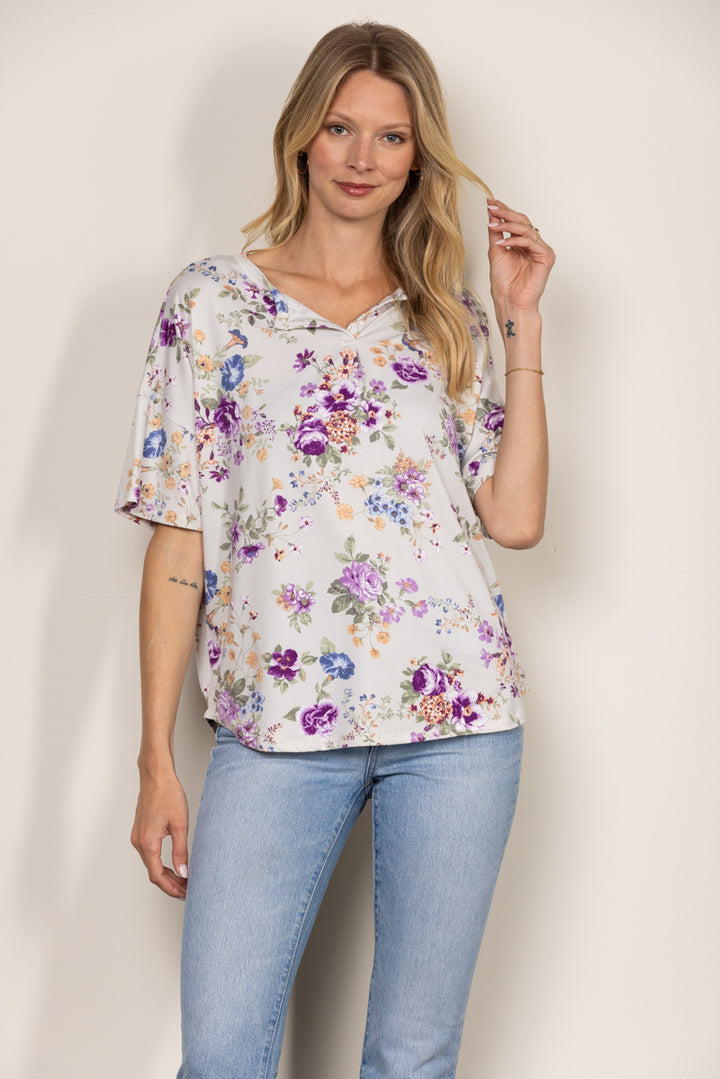 LILAC WILD FLORAL PRINT SHORT SLEEVES KNIT TOP T1909-1