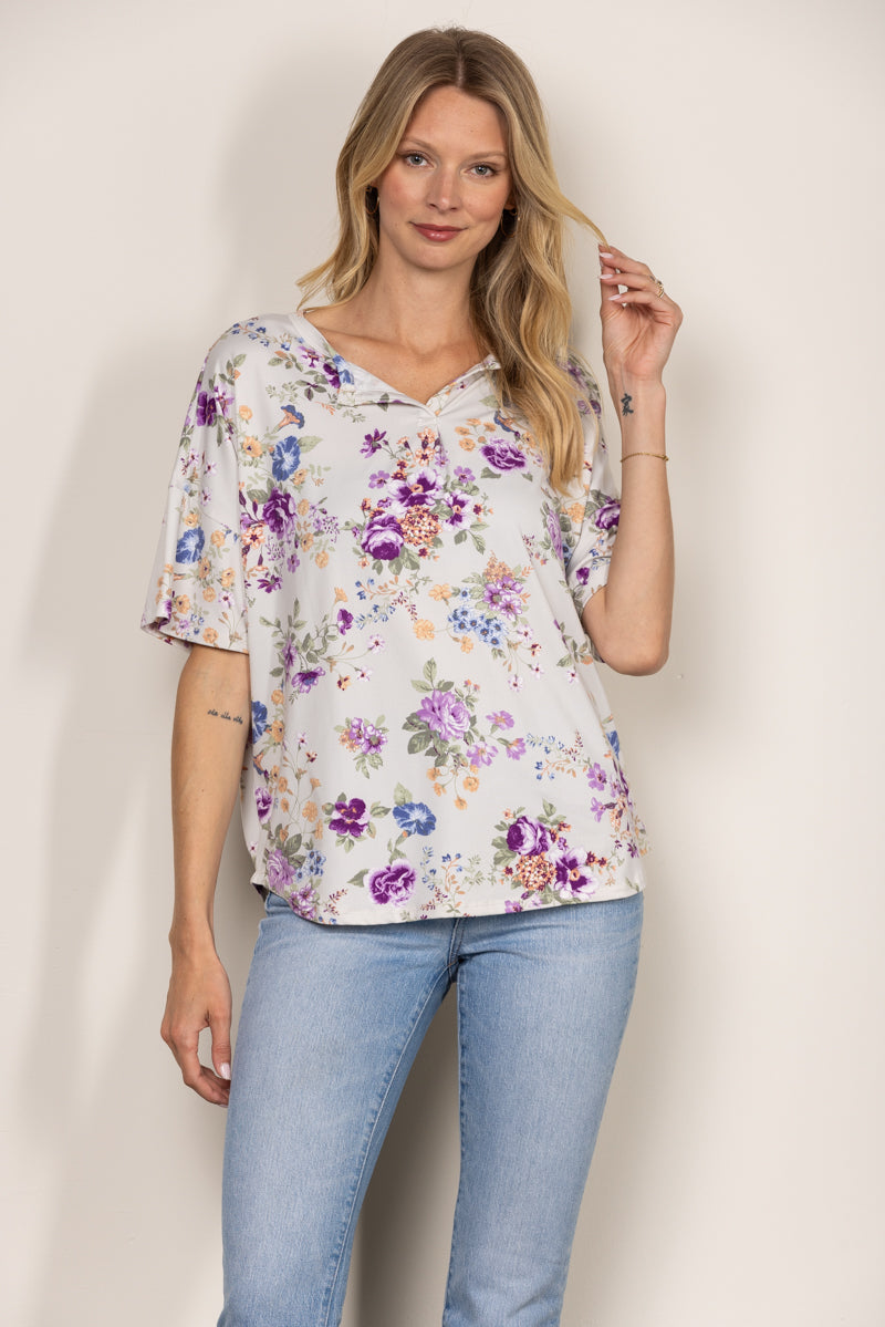 LILAC WILD FLORAL PRINT SHORT SLEEVES KNIT TOP T1909-1