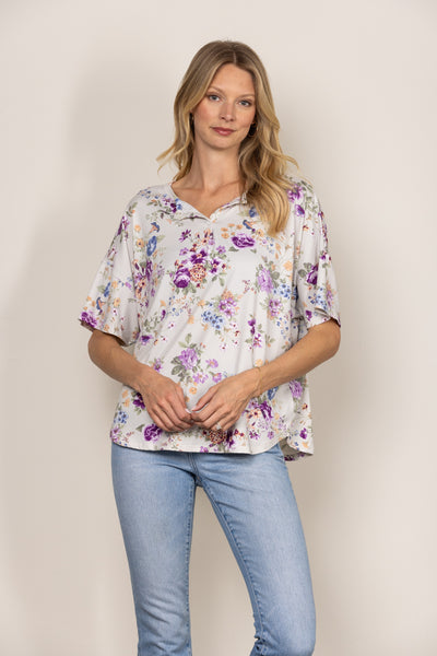 LILAC WILD FLORAL PRINT SHORT SLEEVES KNIT TOP T1909-1