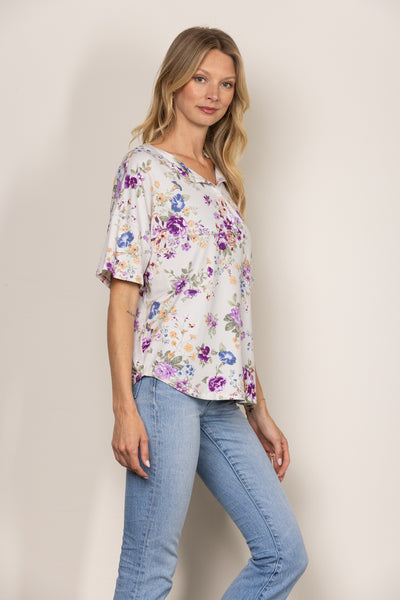 LILAC WILD FLORAL PRINT SHORT SLEEVES KNIT TOP T1909-1