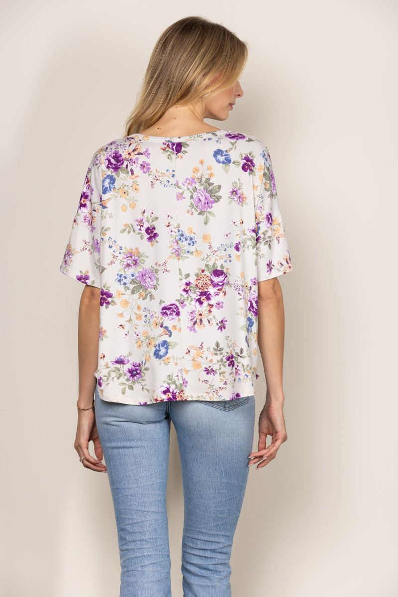 LILAC WILD FLORAL PRINT SHORT SLEEVES KNIT TOP T1909-1