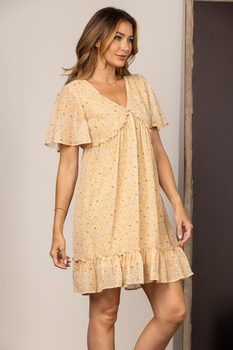 YELLOW CHIFFON FLORAL BELL SLEEVES RUFFLED MINI DRESS SD63921