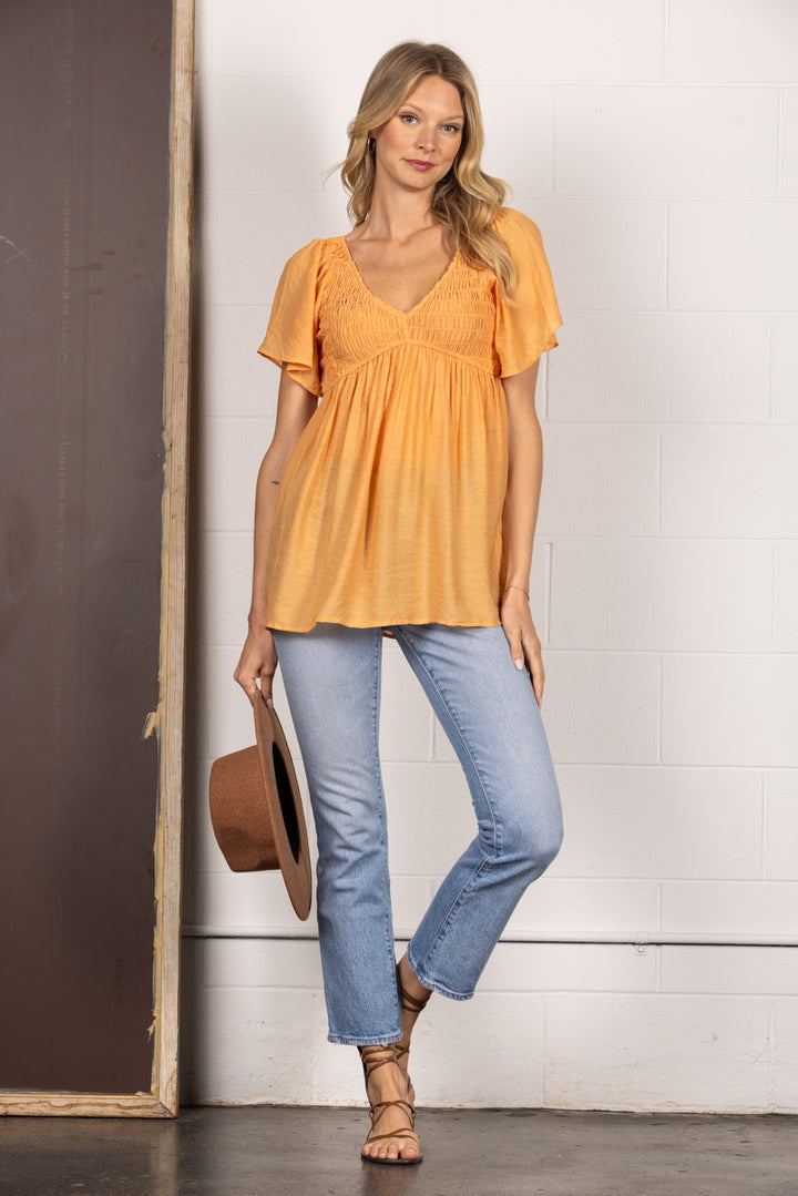 APRICOT RUCHED V-NECK BUTTERFLY SHORT SLEEVES TOP SY1270