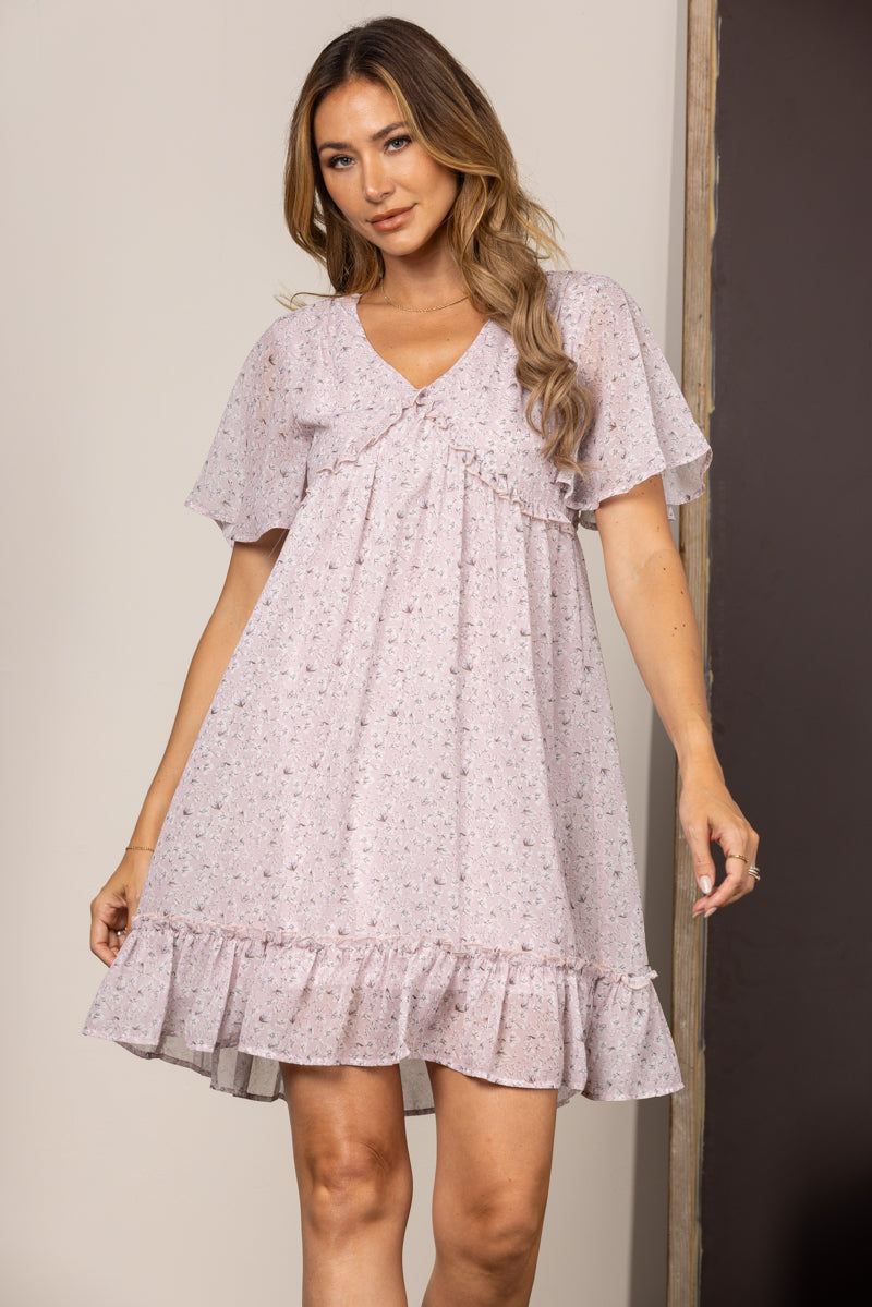 BLUSH CHIFFON FLORAL BELL SLEEVES RUFFLED MINI DRESS SD63921