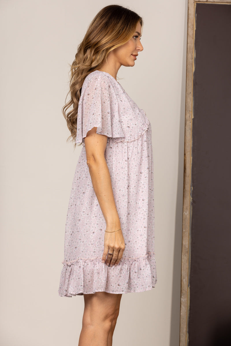 BLUSH CHIFFON FLORAL BELL SLEEVES RUFFLED MINI DRESS SD63921