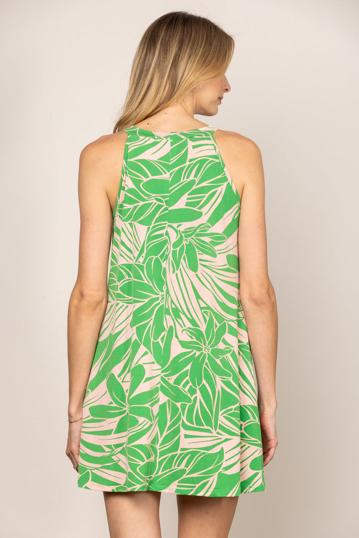 GREEN HALTER FLORAL PRINT SLEEVELESS A-LINE MINI DRESS  D5107