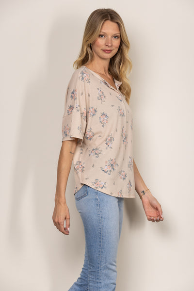 BEIGE FLORAL PRINT SHORT SLEEVES WAFFLE KNIT TOP T1909-4