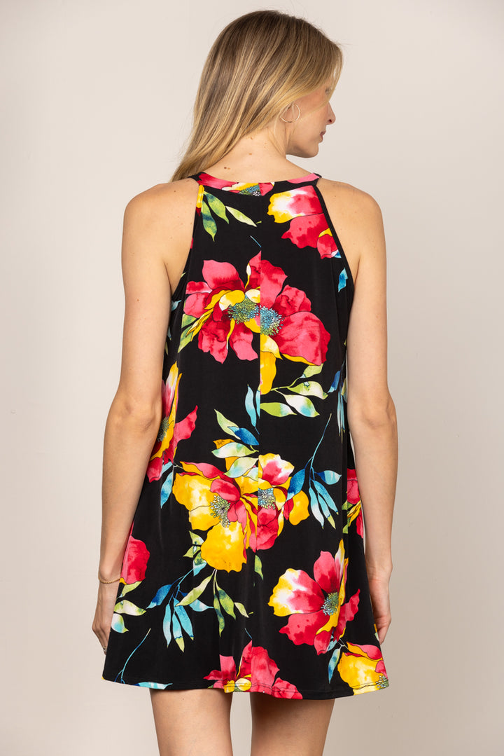 MULTICOLOR HALTER FLORAL PRINT SLEEVELESS A-LINE MINI DRESS  D5107