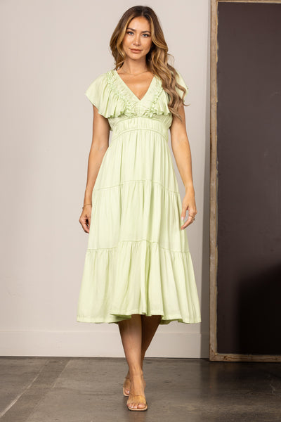 PISTACHIO RUFFLE V-NECK SMOCKED MIDI DRESS ID32034A