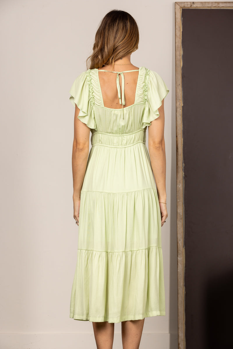 PISTACHIO RUFFLE V-NECK SMOCKED MIDI DRESS ID32034A