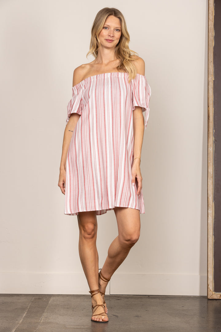 K4954-Wholesale RED STRIPES OFF SHOULDER SELF-TIE SLEEVES MINI DRESSS