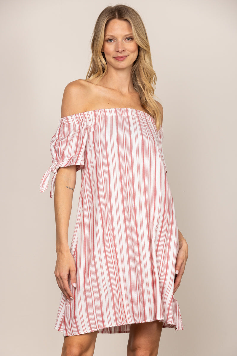 RED STRIPES OFF SHOULDER SELF-TIE SLEEVES MINI DRESS K4954