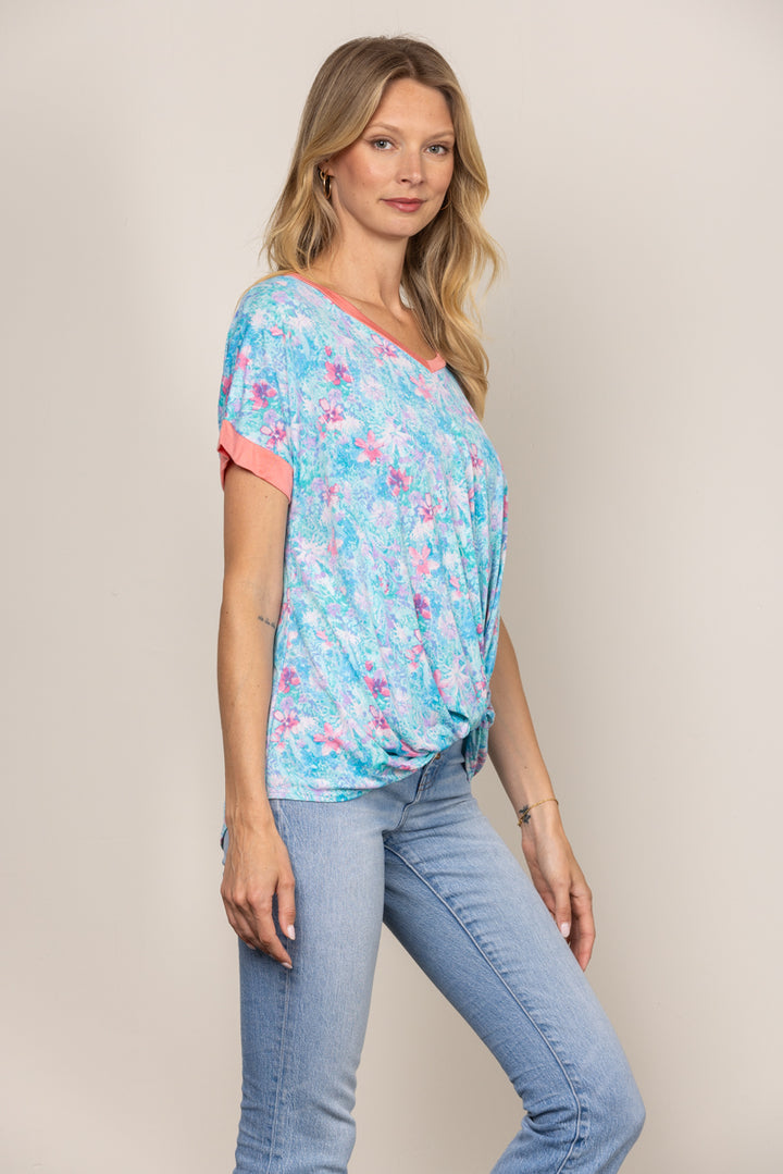 AQUA FLORAL PRINT V-NECK SHORT SLEEVES KNIT TOP B5140