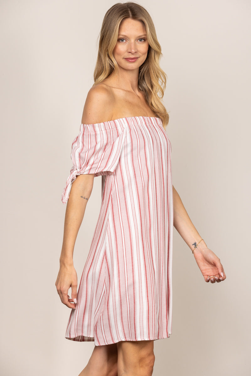 RED STRIPES OFF SHOULDER SELF-TIE SLEEVES MINI DRESS K4954