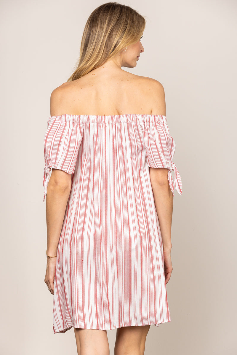 RED STRIPES OFF SHOULDER SELF-TIE SLEEVES MINI DRESS K4954