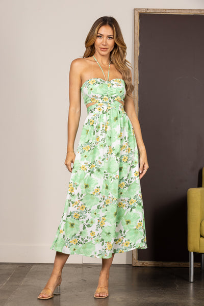 GREEN FLORAL HALTER NECK CUT-OUT SIDE MAXI DRESS SDH00735
