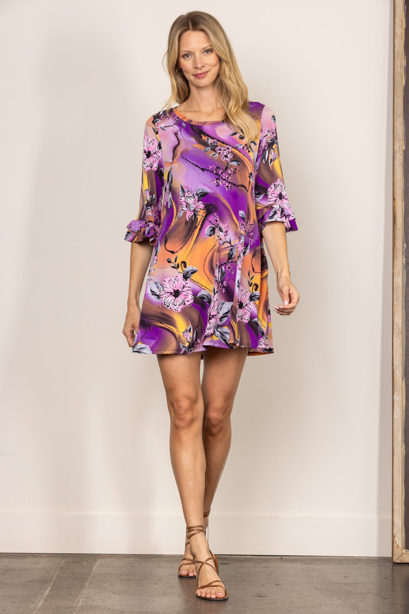 VC3478-C-Wholesale VIOLET FLORAL PRINT RUFFLED 3/4 SLEEVES SWING MINI DRESS